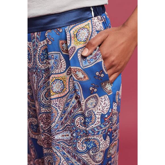 Anthropologie Elevenses Ines Blue Paisley Print Wide Leg Flowy Boho Pants Size L - Picture 13 of 15